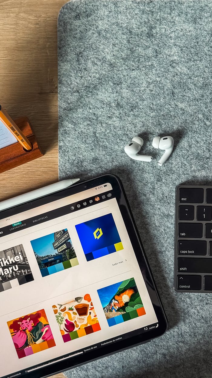 A top view of a sleek workspace featuring an iPad, AirPods, and keyboard on a felt surface.